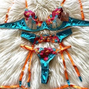 Vibrant Silky Floral Embroidey Lingerie set, Garter Belt, Thigh Straps